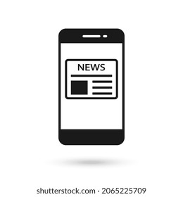 Mobile phone flat design icon with Newspaper breaking news sign.
