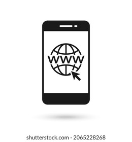 Icono de diseño plano de teléfono móvil con señal de globo WWW.
