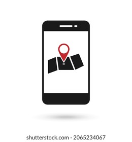 Icono de diseño plano de teléfono móvil con símbolo de marcador de mapa