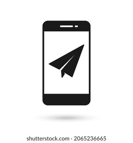 Mobile phone flat design icon with paper airplane symbol