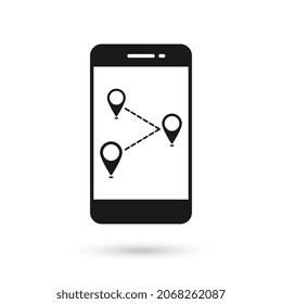 Mobile phone flat design icon with map pointers symbol