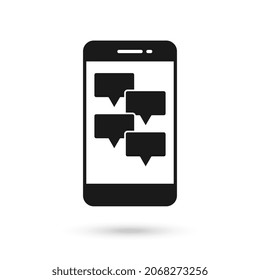 Icono de diseño plano de teléfono móvil con cuatro símbolos de burbujas de voz