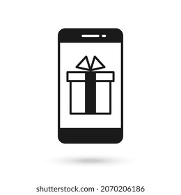Mobile phone flat design icon with present gift icon
