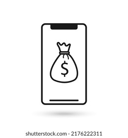 Icono de diseño plano de teléfono móvil con signo de Bolsa de Dinero.