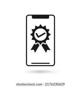 Mobile Phone Flat Design Icon With Certified Check Mark Sign.