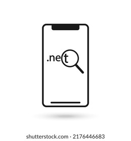 Icono de diseño plano de teléfono móvil con signo de búsqueda de dominio.