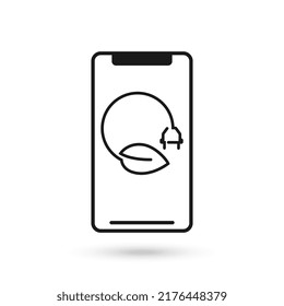 Mobile phone flat design icon with eco energy icon with electric plug and leaf sign.