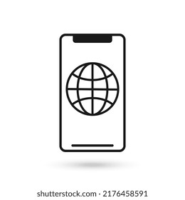 Mobile phone flat design icon with globe symbol