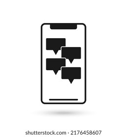 Icono de diseño plano de teléfono móvil con cuatro símbolos de burbujas de voz