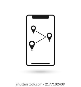 Icono de diseño plano de teléfono móvil con símbolo de punteros de mapa