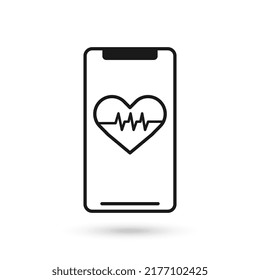 Mobile phone flat design icon with Heart beat sign.