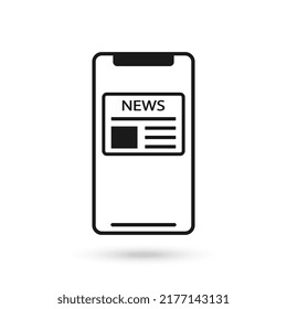 Mobile phone flat design icon with Newspaper breaking news sign.