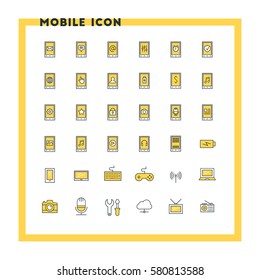 Mobile phone flat design icon set. Mobile phone with icons, computer, camera, cloud, game, battery. Vector icons. Yellow and black colors