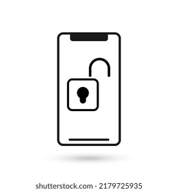 Mobile phone flat design with unlock padlock icon.