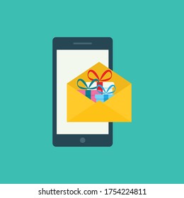 sobre plano de teléfono móvil con dispositivo inteligente vectorial de regalo 