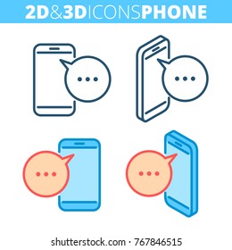 The mobile phone.  Flat and isometric 3d outline icon set. The smart phone with sms message bubble line pictograms. Vector linear infographic element for web design, social media, presentation.