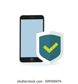 Mobile phone with flat shield with a confirmed status of protection. Vector illustration mobile phone security shield.
