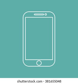 Mobile phone flat style icon with shadow on a green background, vector illustration