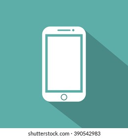 Mobile phone flat style icon with shadow on a green background, vector illustration