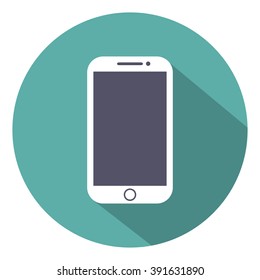 Mobile phone flat style icon isolated with shadow on a green background, vector illustration of a stylish for web design