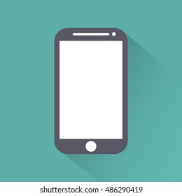 Mobile phone flat style icon with shadow isolated on a green background, vector illustration for web design