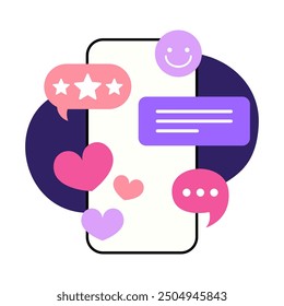 Mobile Phone with Floating Speech Bubbles and Smile Symbol in Purple and Pink Flat Vector Illustration, Review and Comment Concept