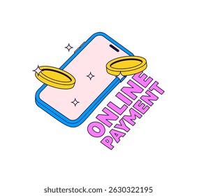 mobile phone with flying coins and bold online payment text. Ideal for finance and e-commerce themes cartoon vector hand drawn style