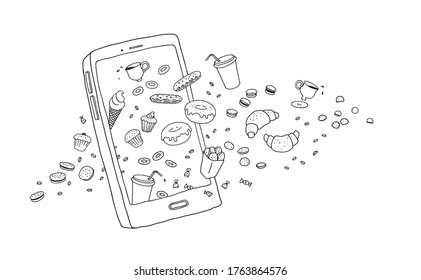 mobile phone with flying desserts, sweets, donuts, croissants, ice cream on a white background. Doodle food delivery application concept. line style for delivery services