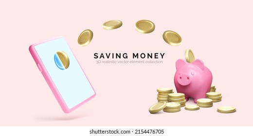 Mobile phone with flying gold coins and piggy bank. Saving money business template. Piggy bank concept of money deposit and investment for financial app or online service. Vector illustration