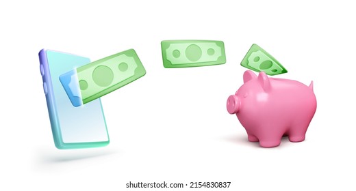 Teléfono móvil con dólares de papel verde volador y banco de cerdos. Guardar plantilla de negocio de dinero. El concepto de banco piggy de depósito de dinero e inversión para aplicaciones o servicios financieros. Ilustración del vector