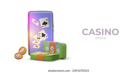 Mobile phone with flying playing cards on screen, realistic banknotes, and gold coins. Gambling poker, online web game. Vector illustration in 3D style with place for text