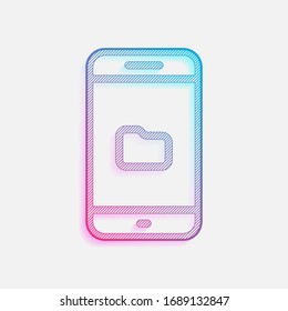 Teléfono móvil y plegado, explorador de archivos, diseño de esquema. Logo tecnológico con líneas diagonales y degradado de color. Imagen neón, efecto claro. Color azul y rojo