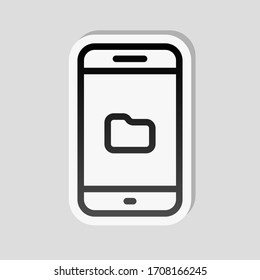 Mobile phone and folred, file explorer, outline design. Sticker style with white border and simple shadow on gray background