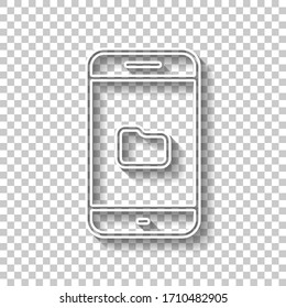 Teléfono móvil y plegado, explorador de archivos, diseño de esquema. Signo de esquema blanco con sombra sobre fondo transparente