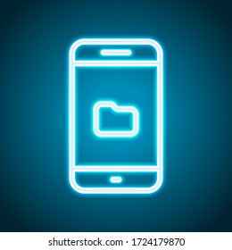 Mobile phone and folred, file explorer, outline design. Neon style. Light decoration icon. Bright electric symbol