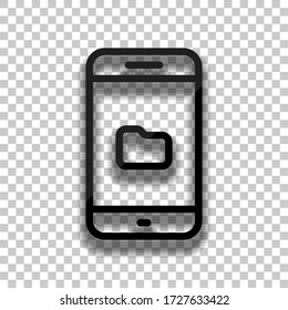 Mobile phone and folred, file explorer, outline design. Black glass icon with soft shadow on transparent background