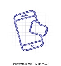 Mobile phone and folred, file explorer, outline design. Hand drawn sketched picture with scribble fill. Blue ink. Doodle on white background