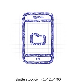 Teléfono móvil y plegado, explorador de archivos, diseño de esquema. Imagen dibujada a mano con relleno de garrapatas. Tinta azul. Doodle sobre fondo blanco
