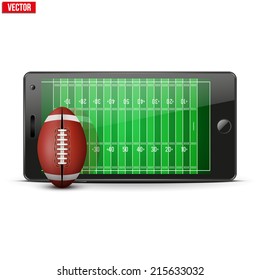 Mobile phone with football ball and field on the screen. Sports theme and applications. Vector illustration Isolated on white background.