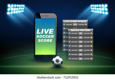 mobile phone football online with soccer ball, green field, spotlights