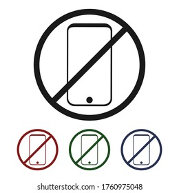 Mobile phone forbidden, black warning sign on yellow background. Mobile phone icon in different colors.