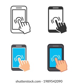 Mobile phone with forefinger touches screen. Hand pointer, Finger touching in smartphone. Smartphone screen with hand. Touch screen icon. Vector illustration. Design on white background. EPS 10