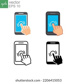 Mobile phone with forefinger touches screen. Hand pointer, Finger touching in smartphone. Smartphone screen with hand. Touch screen icon. Vector illustration. Design on white background. EPS 10