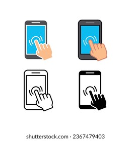 Mobile phone with forefinger touches screen. Hand pointer, Finger touching in smartphone. Smartphone screen with hand. Touch screen icon. Vector illustration. Design on white background. EPS 10