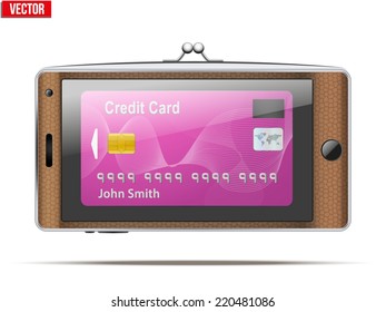mobile phone in the form of a wallet. Electronic purse and Payment system and mobile technology. Vector Illustration isolated on white background.