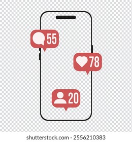 Mobile phone Frame template design isolated transparent background. Vector mobile phone Mockup with likes sign. Vector illustration for promo presentation onfo banner poster social media. 