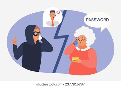 Mobile phone fraud with elderly woman as victim of scam vector illustration. Cartoon scammer talking to senior person to deceive, steal credit card or bank account password, old people trust thief