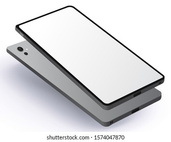 Mobile Phone Front and Back Side View Mockup. Vector Illustration With Frameless Blank Screen and Transparent Background.