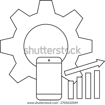 Mobile phone fronting a gear alongside a bar graph with an upward trending arrow