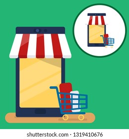 Mobile phone with full shopping cart, vector illustration, online order notification concept, e-commerce, order delivery service modern flat design icon.